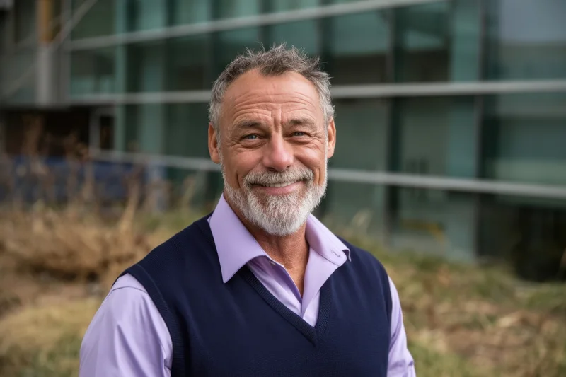 Smiling middle-aged man with trimmed gray beard wearing navy vest over lavender shirt outdoors near modern glass building