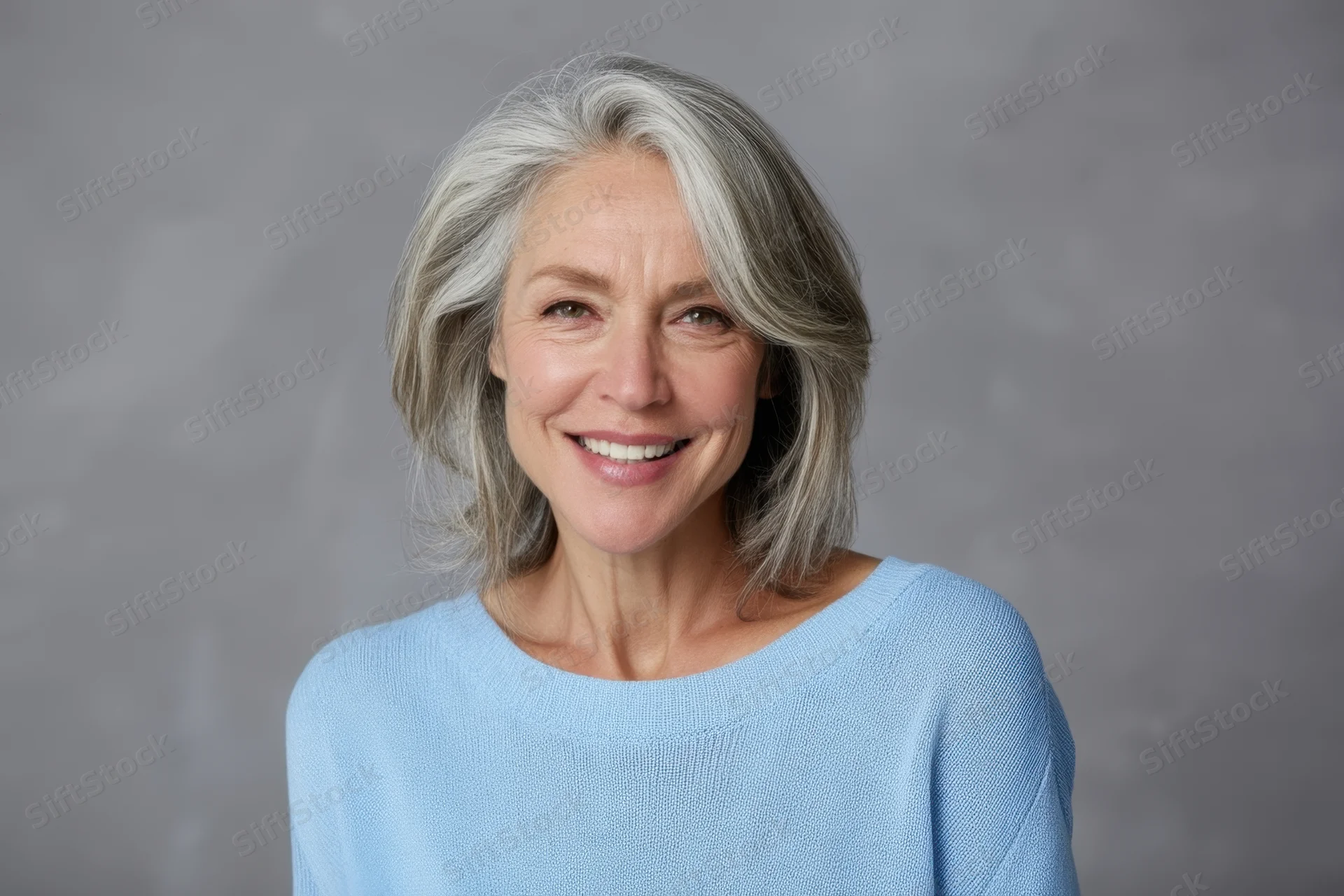 Smiling middle-aged woman with shoulder-length gray hair in a blue sweater against a neutral gray background