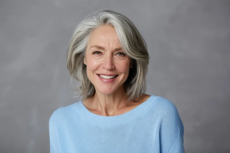 Smiling middle-aged woman with shoulder-length gray hair in a blue sweater against a neutral gray background