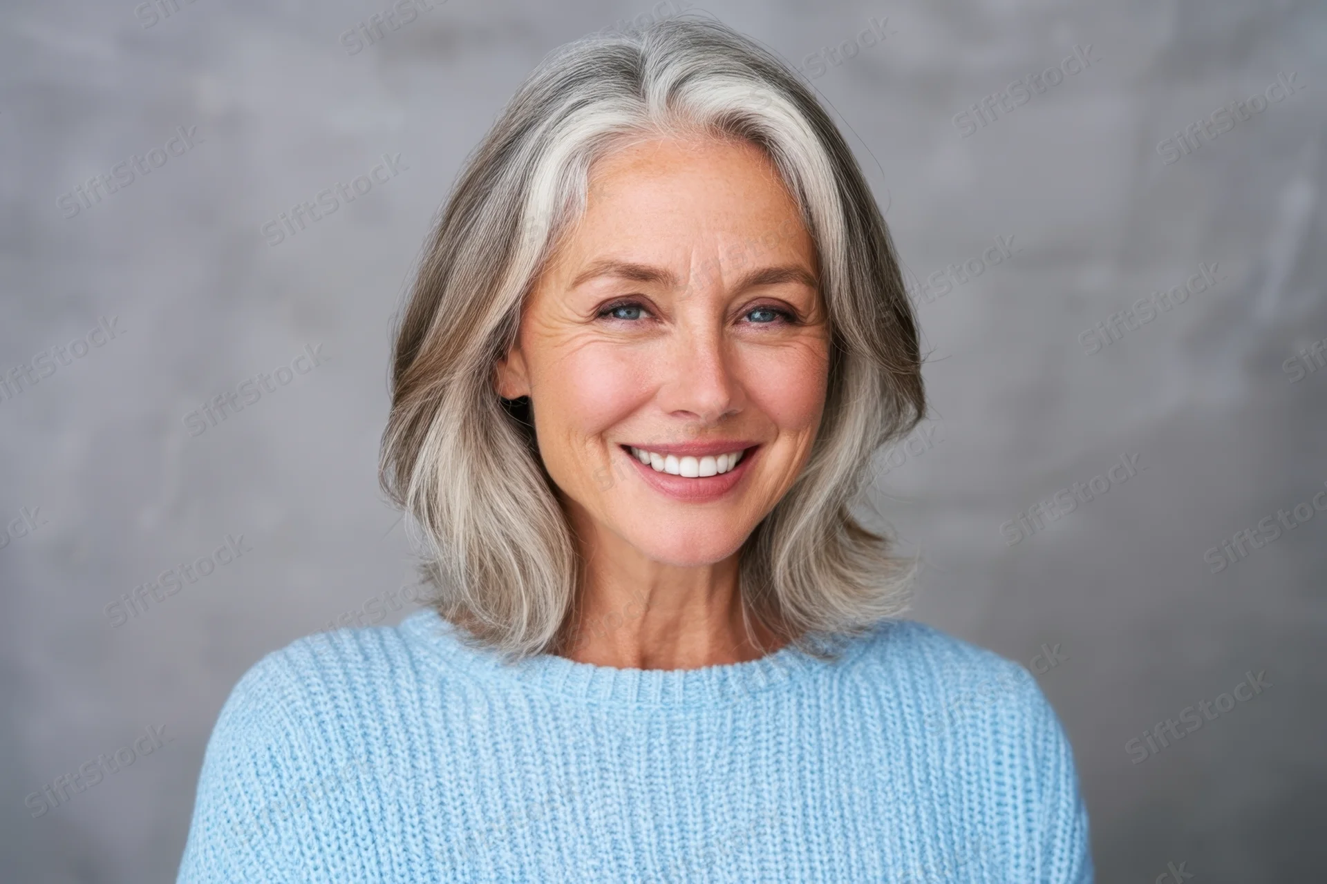 Smiling middle-aged woman with shoulder-length gray hair wearing a light blue knit sweater in a studio portrait