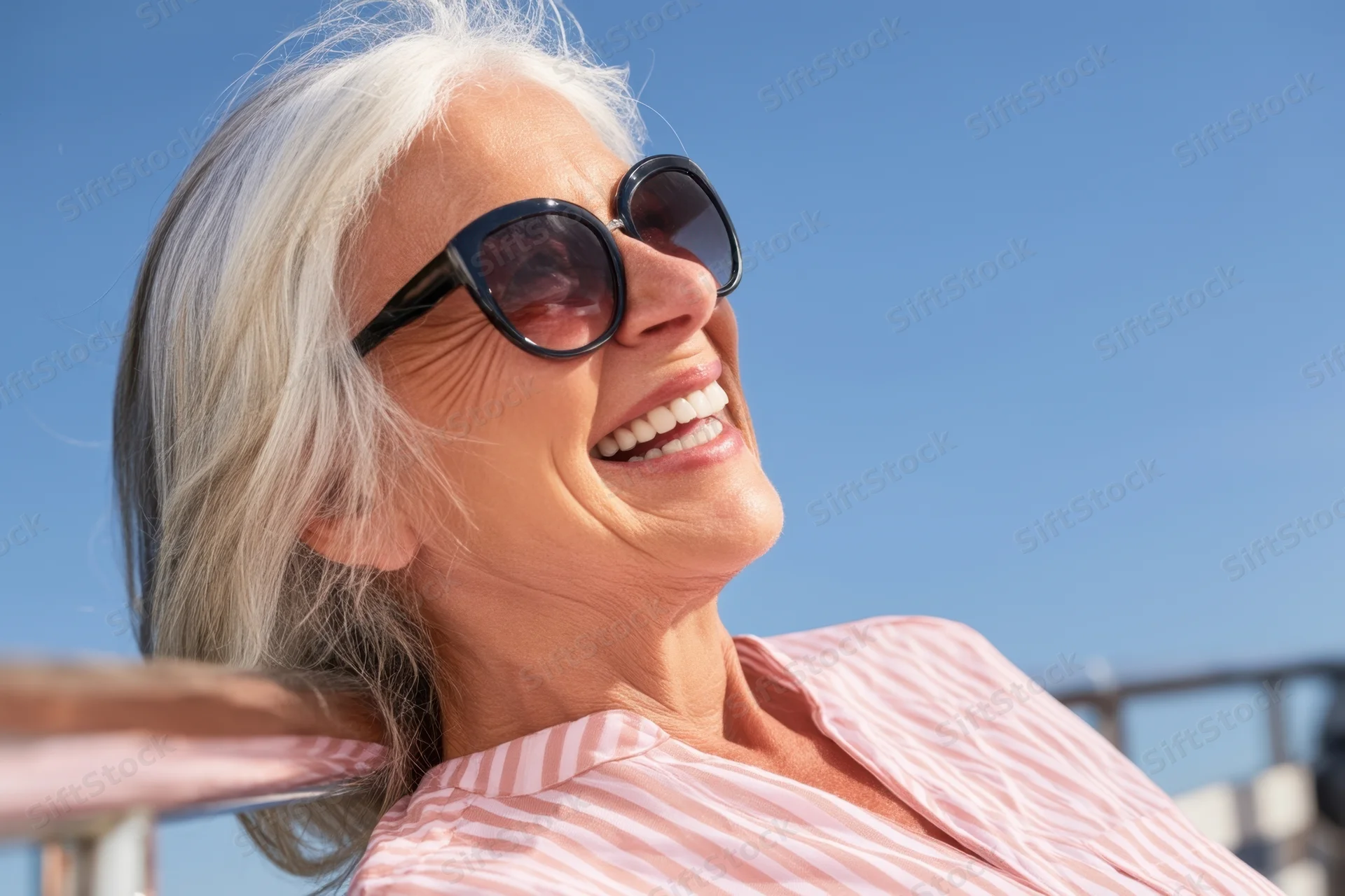 Smiling senior woman wearing sunglasses outdoors on a sunny day