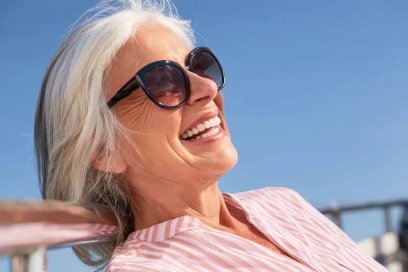 Smiling senior woman wearing sunglasses outdoors on a sunny day