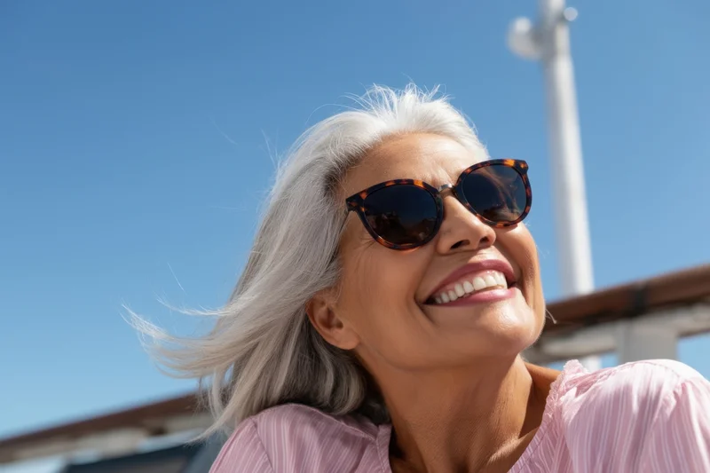 Smiling senior woman with silver hair wearing sunglasses outdoors on a boat deck