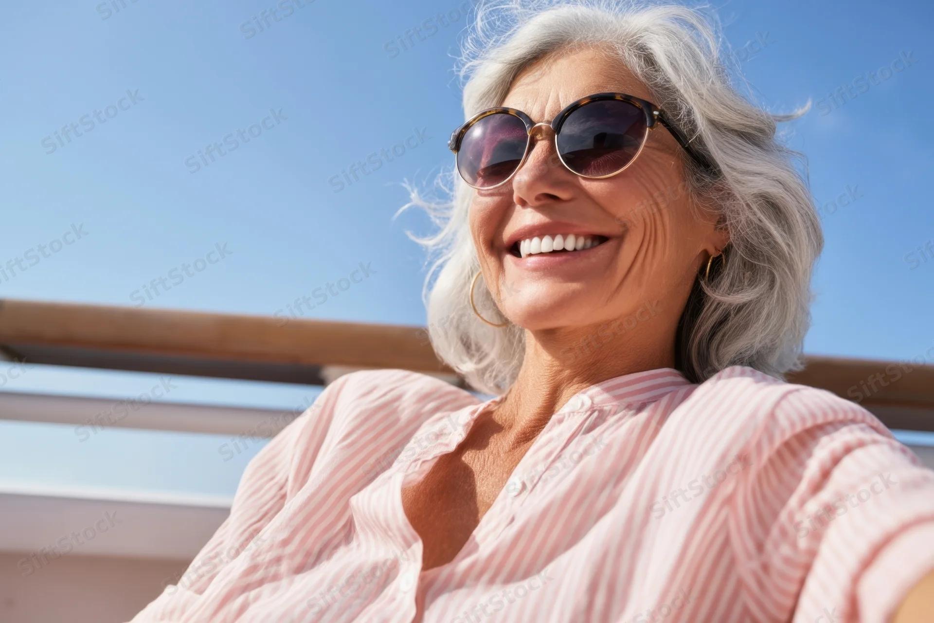 Smiling senior woman with silver hair wearing sunglasses outdoors on a sunny day