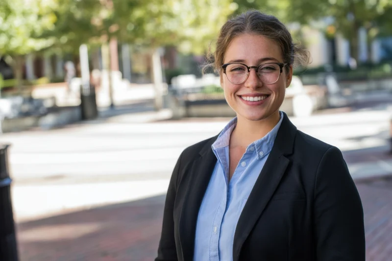 Smiling woman in blazer and glasses standing outdoors on a campus pathway