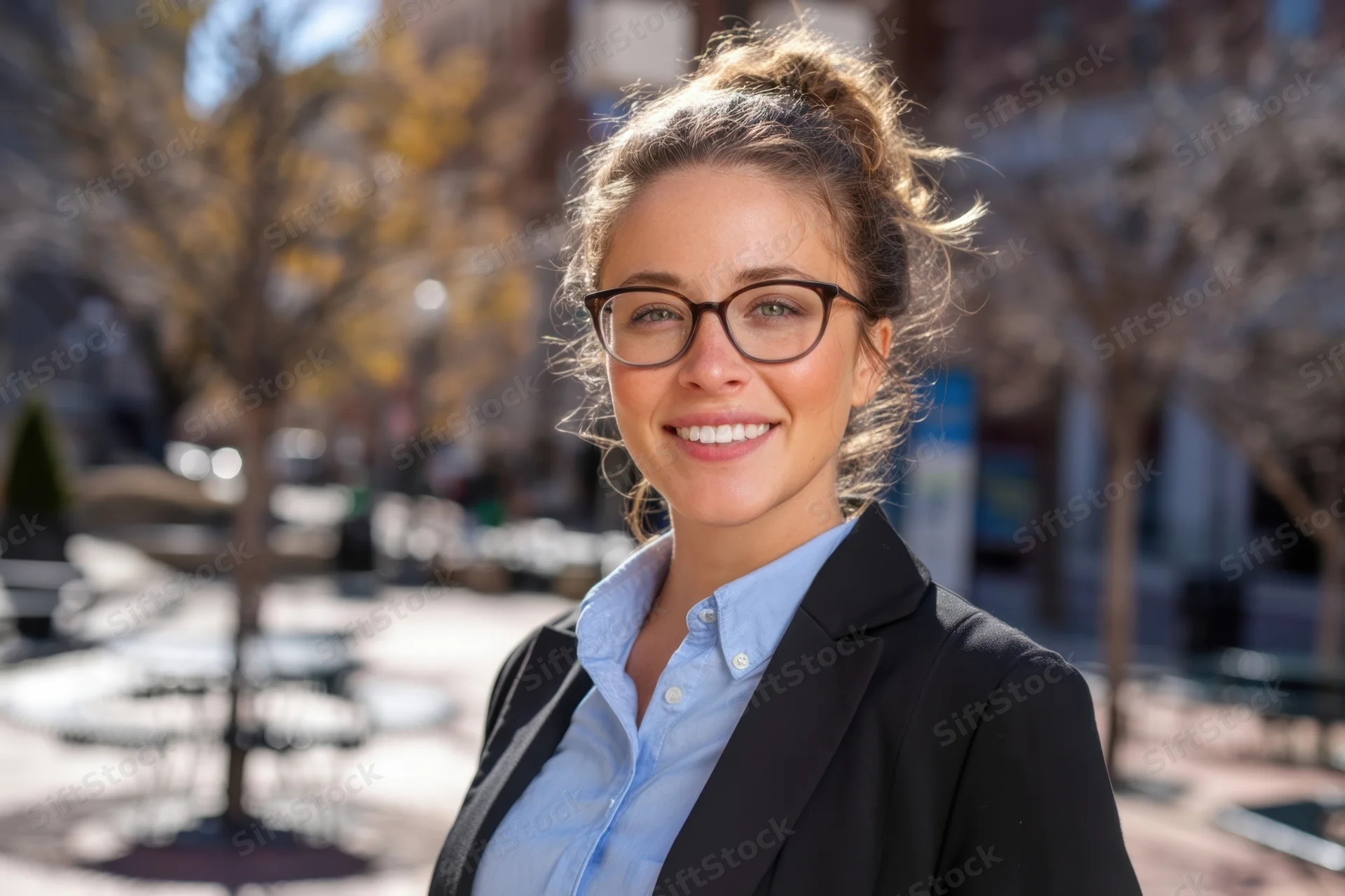 Smiling woman in black blazer and blue shirt with glasses standing outdoors on a city sidewalk in autumn