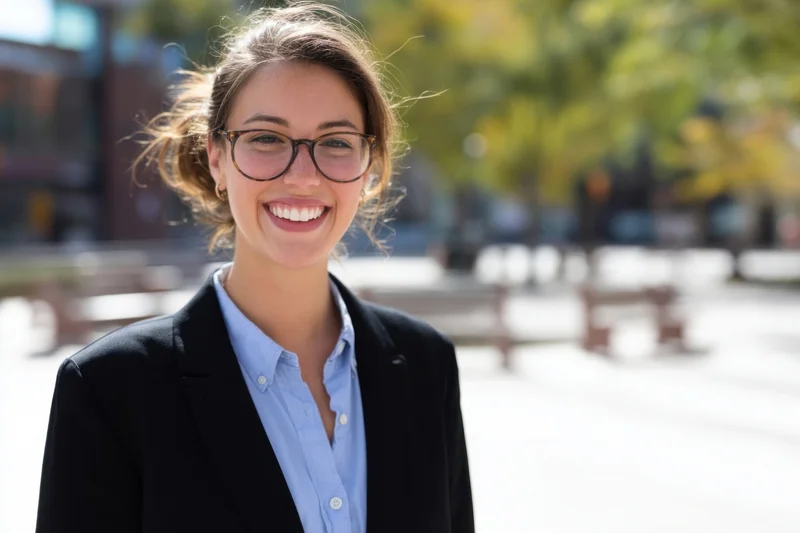 Smiling woman in black blazer and blue shirt outdoors in a park
