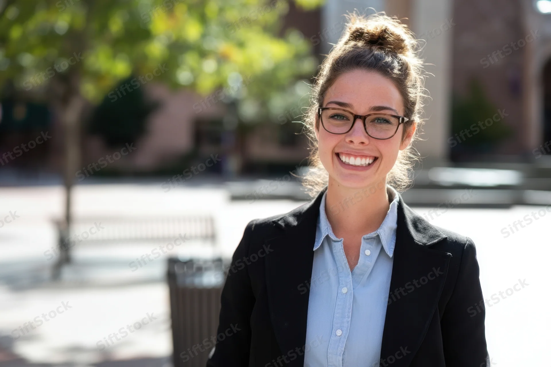 Smiling woman in blazer and glasses standing outdoors on a campus-like setting