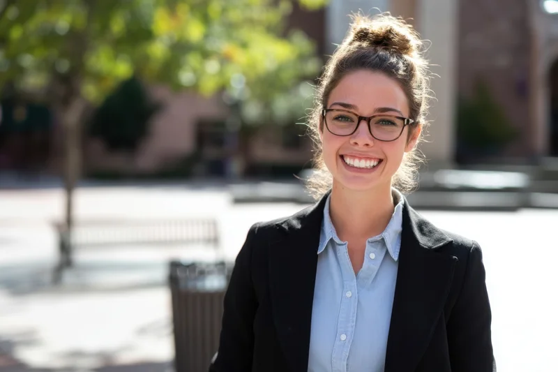 Smiling woman in blazer and glasses standing outdoors on a campus-like setting