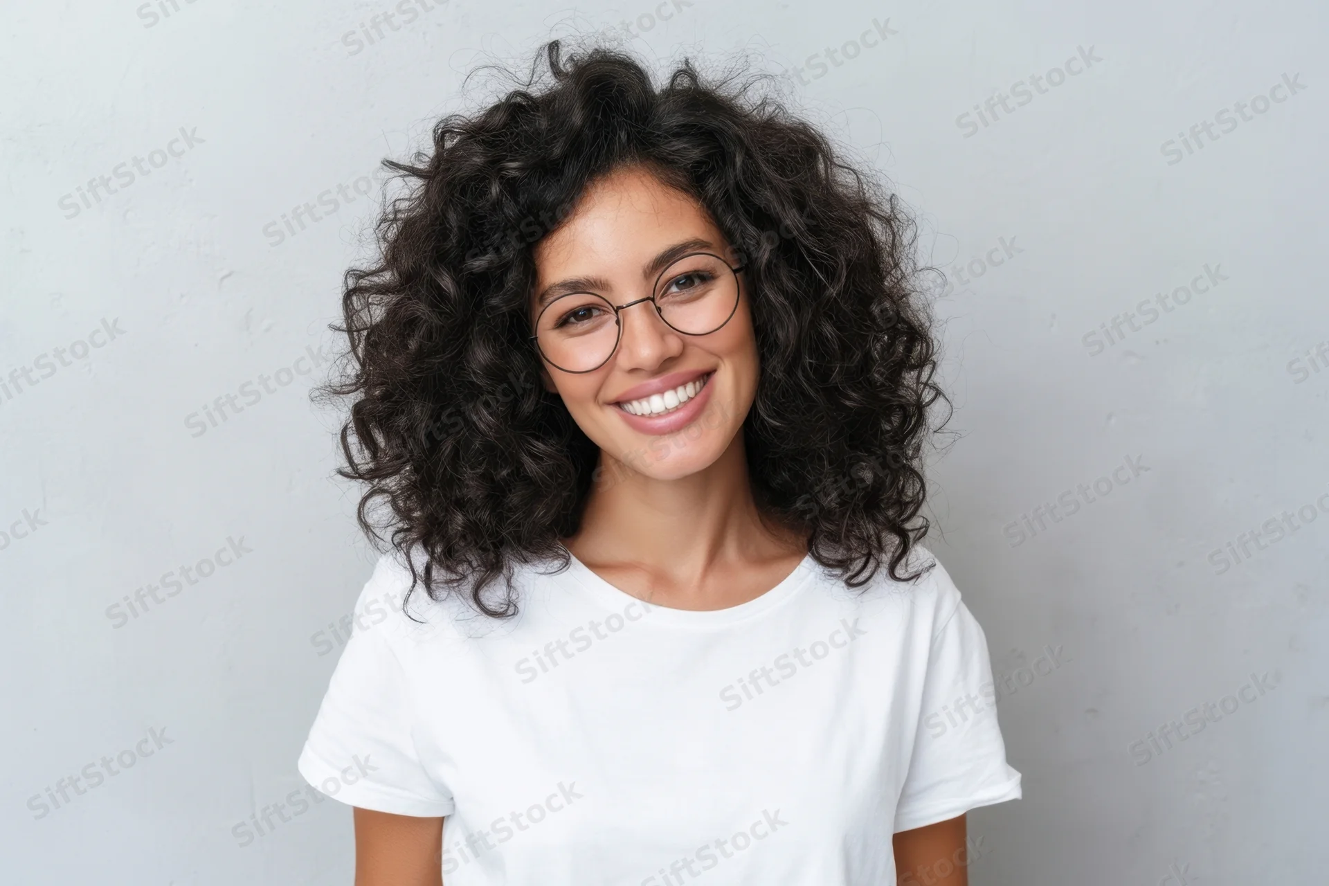 Smiling woman with curly black hair wearing round glasses in a white tshirt against a plain light background