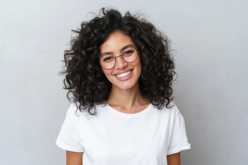 Smiling woman with curly black hair wearing round glasses in a white tshirt against a plain light background