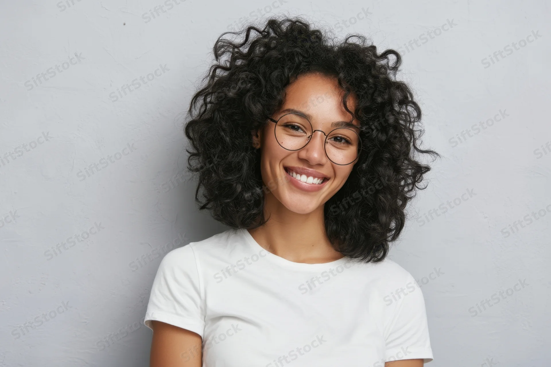 Smiling woman with curly black hair and round glasses wearing white tshirt against gray wall