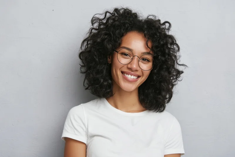 Smiling woman with curly black hair and round glasses wearing white tshirt against gray wall