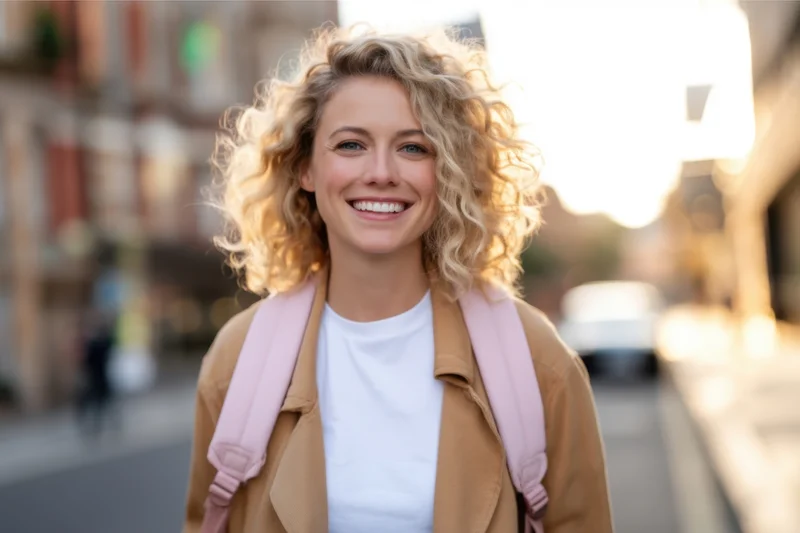 Smiling woman with curly blonde hair wearing a tan jacket and pink backpack on a city street