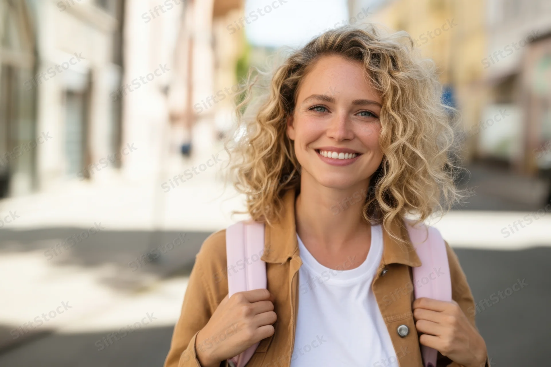 Smiling young woman with curly blonde hair wearing a tan jacket and backpack on a city street