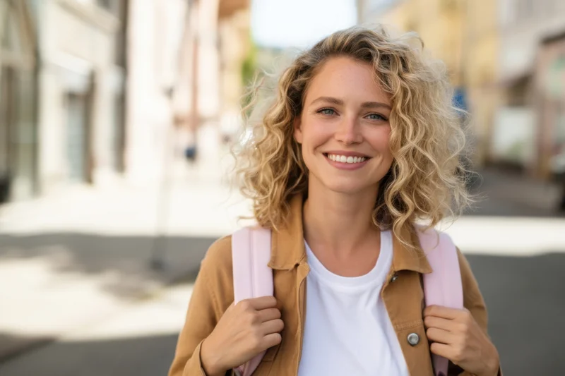 Smiling young woman with curly blonde hair wearing a tan jacket and backpack on a city street