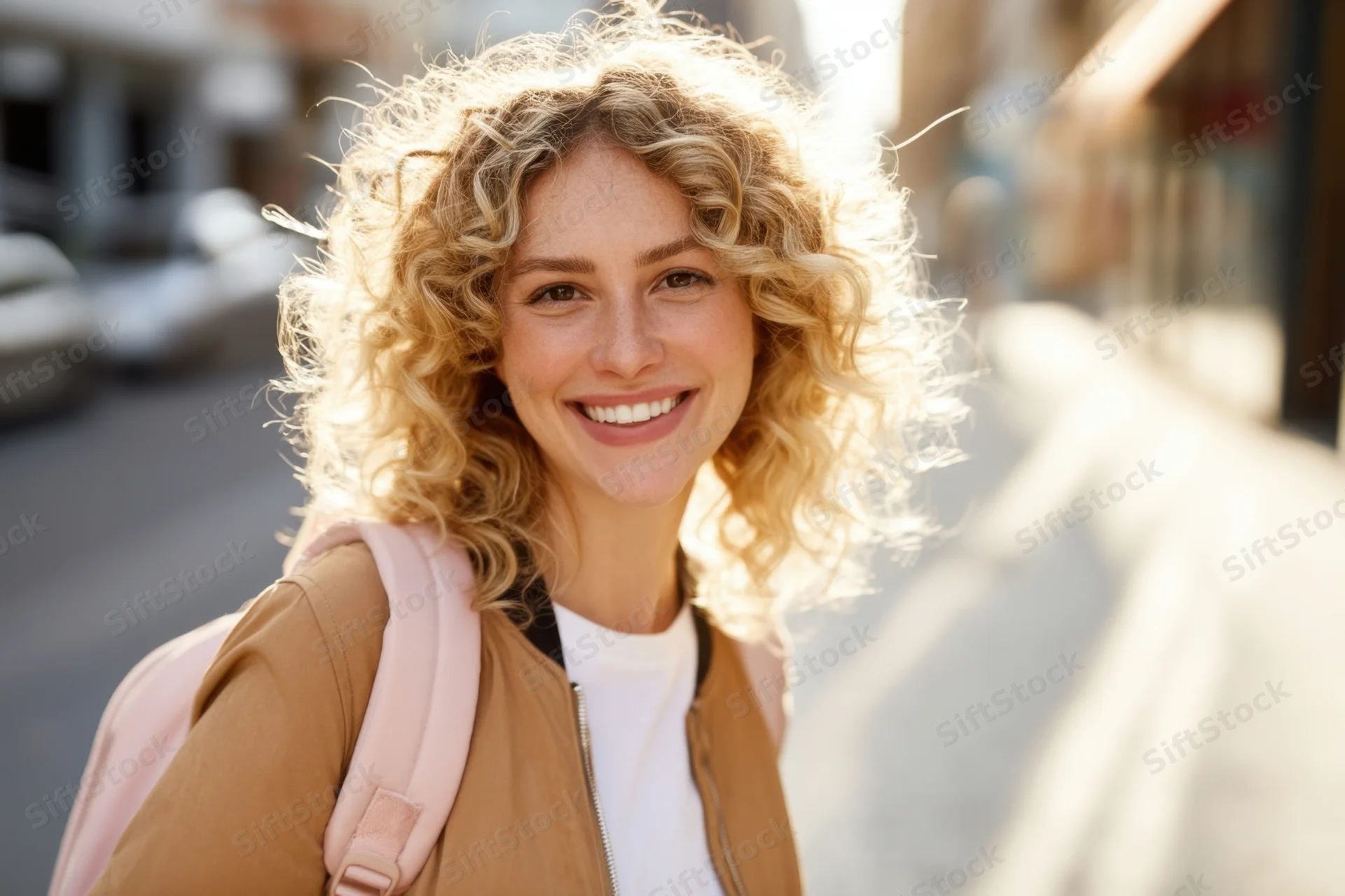 Smiling woman with curly blonde hair wearing tan jacket and backpack on city sidewalk