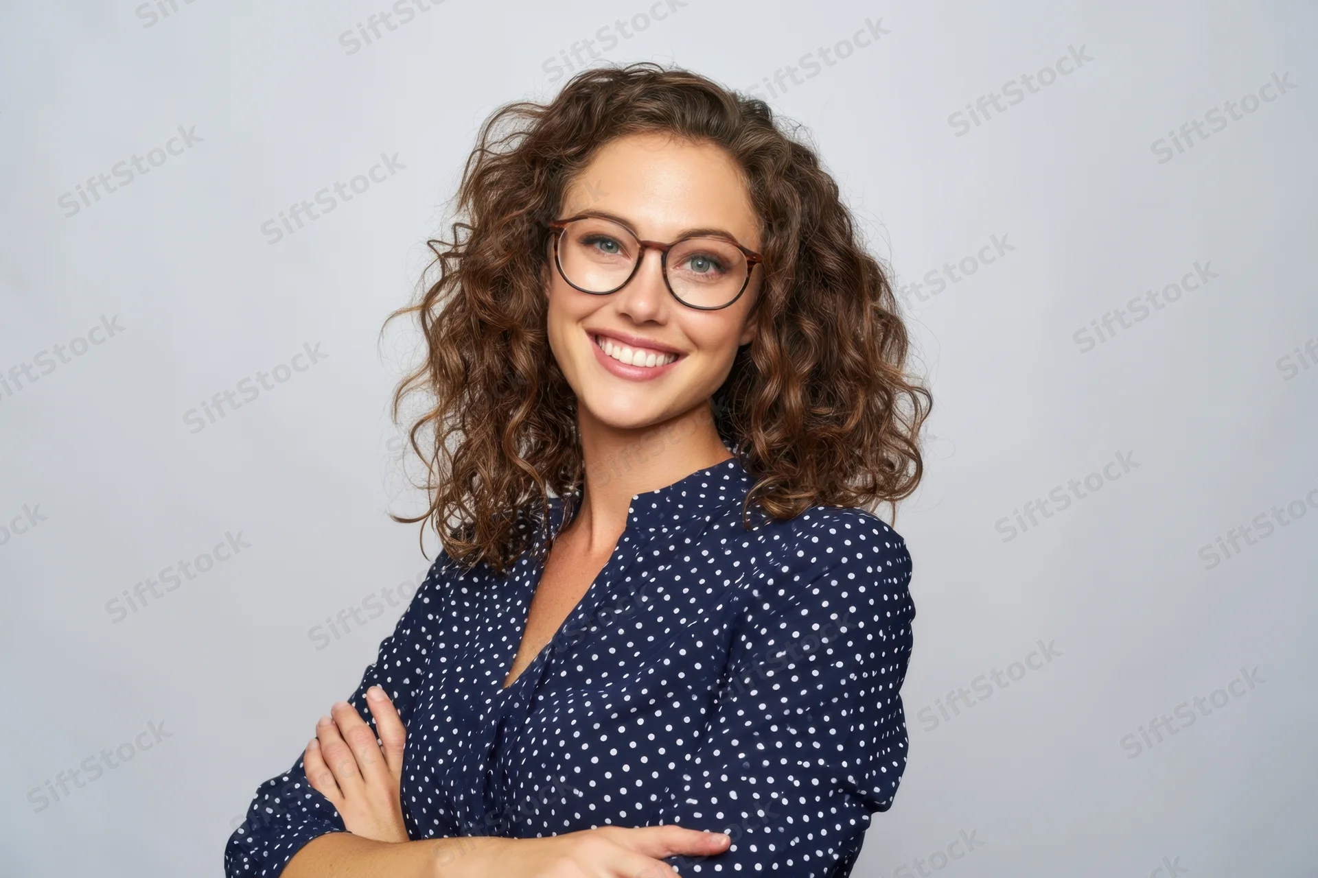 Smiling woman with curly brown hair and glasses wearing a navy polka dot blouse, arms crossed, in a studio portrait