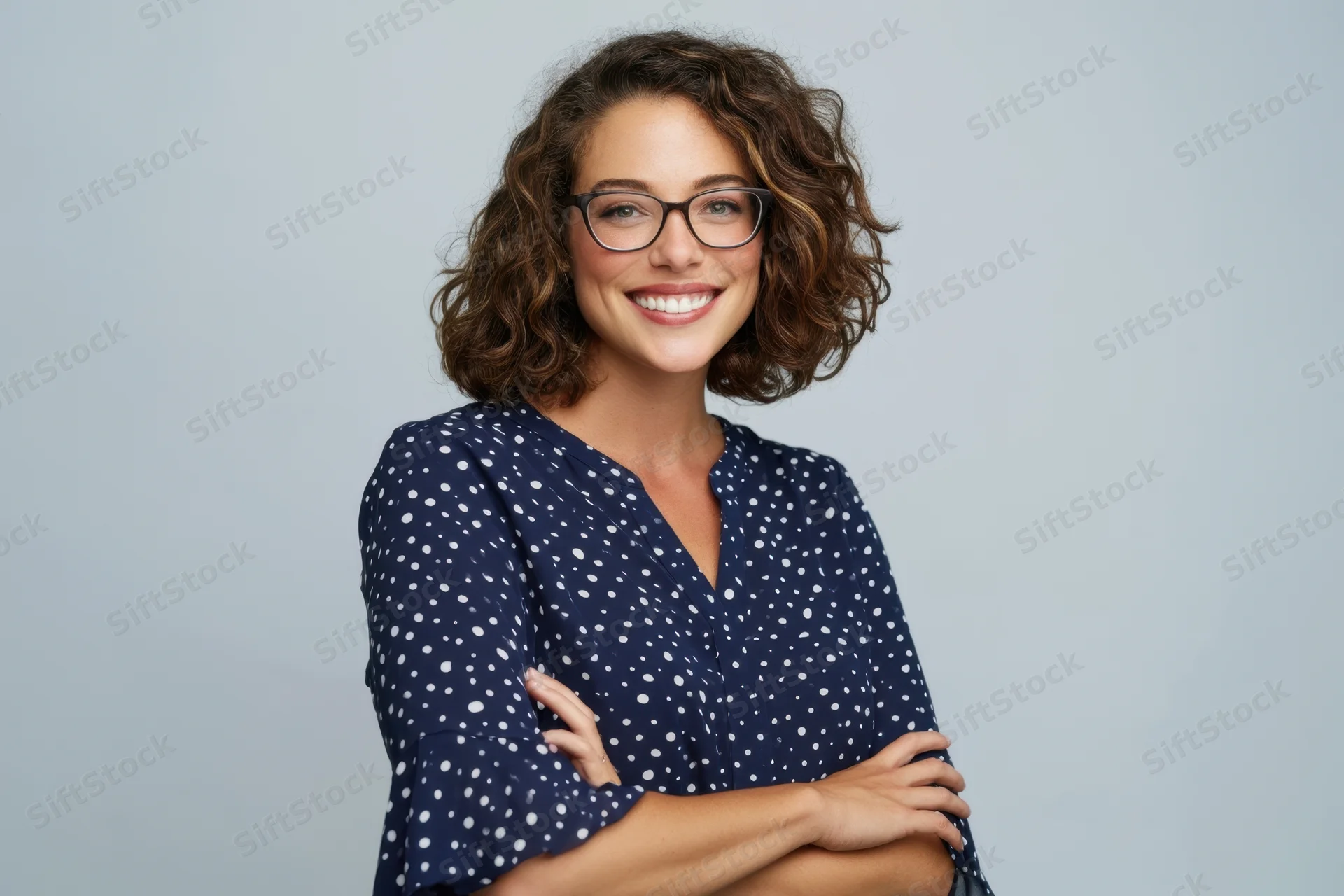 Smiling woman with curly brown hair and glasses wearing a navy polka dot blouse with arms crossed in studio portrait