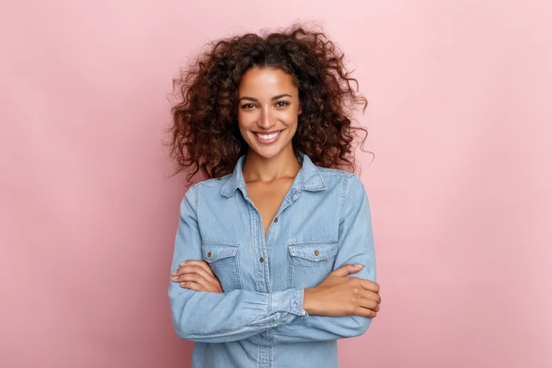 Smiling woman with curly brown hair wearing a light blue denim shirt, arms crossed, against pink background