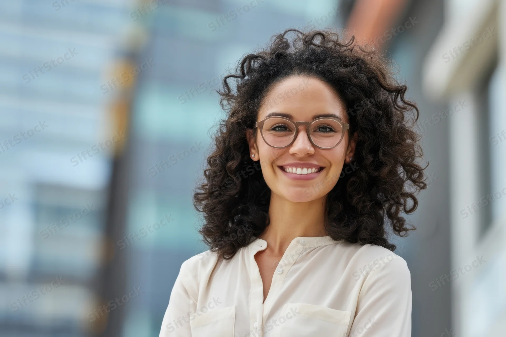Smiling woman with curly dark hair and glasses wearing a beige shirt outdoors near modern office building