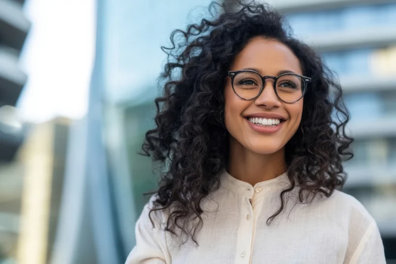 Smiling woman with curly dark hair and glasses in an urban outdoor setting wearing a beige button-up shirt