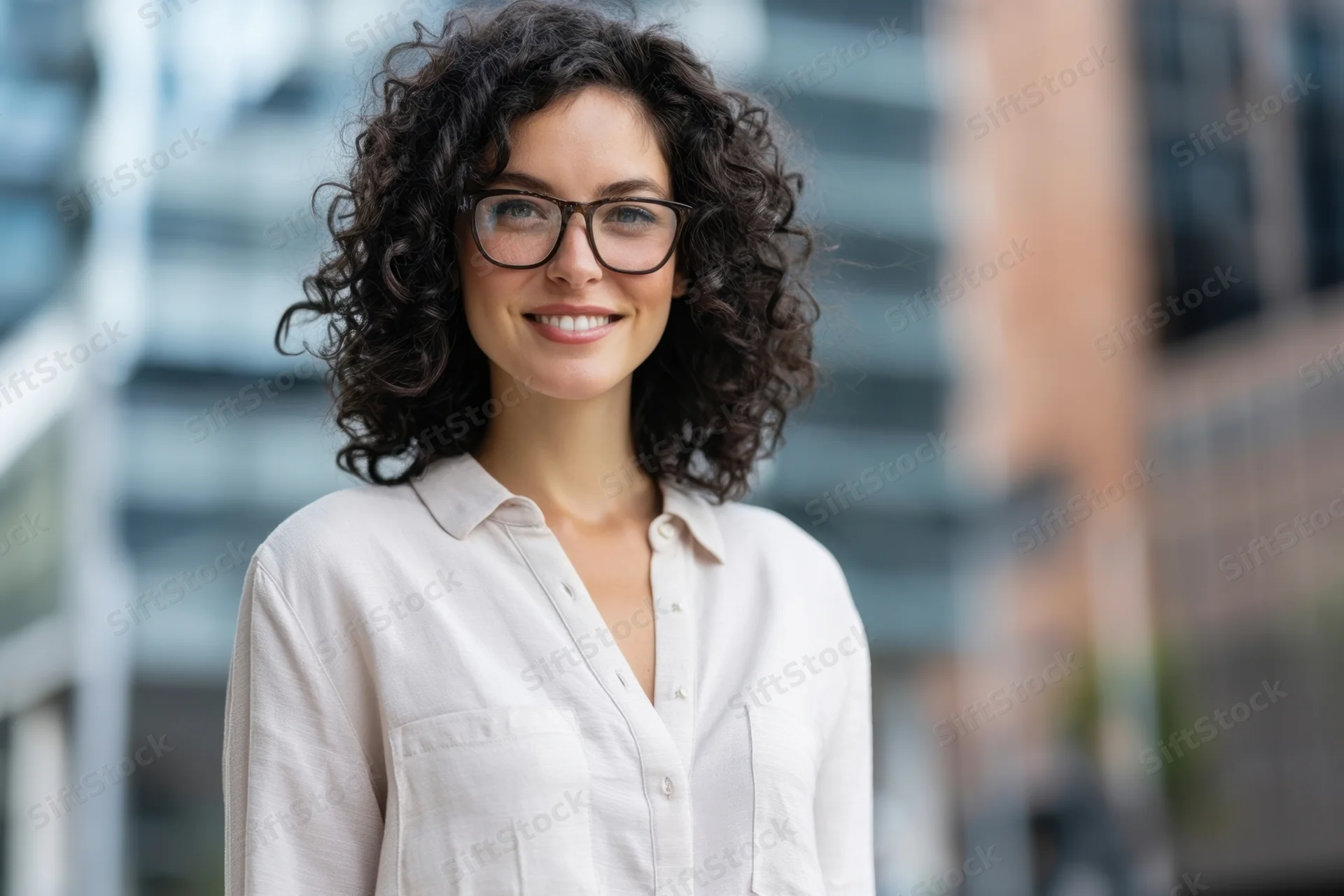 Smiling woman with curly dark hair and glasses wearing a white button-up shirt outdoors in front of modern office building