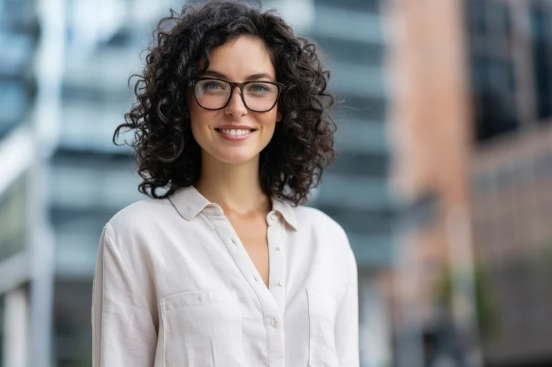 Smiling woman with curly dark hair and glasses wearing a white button-up shirt outdoors in front of modern office building