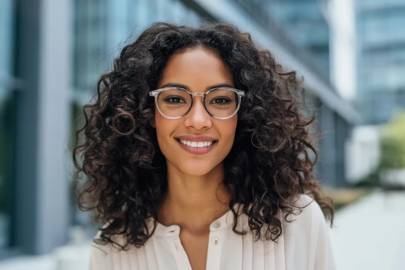 Smiling woman with curly dark hair and glasses wearing a white blouse outdoors near modern office building
