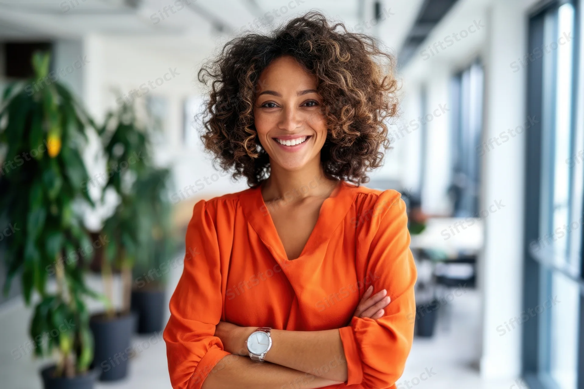 Smiling woman with curly hair in orange blouse standing with arms crossed in modern office space