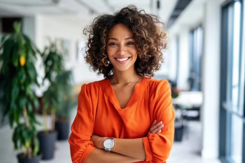 Smiling woman with curly hair in orange blouse standing with arms crossed in modern office space