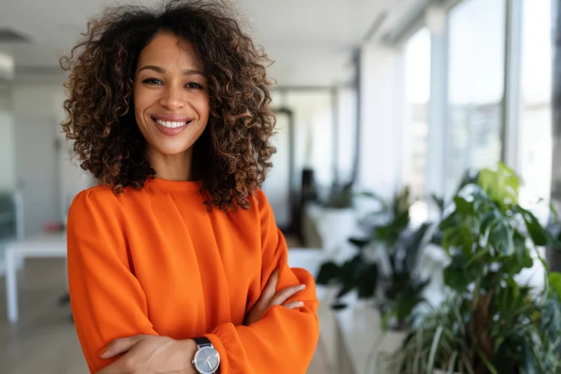 Smiling woman with curly hair in orange blouse arms crossed in modern office interior