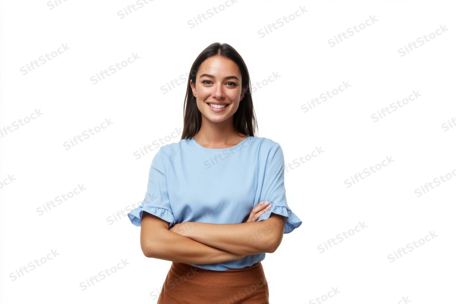 Smiling woman with arms crossed wearing a blue blouse and brown skirt against a white background
