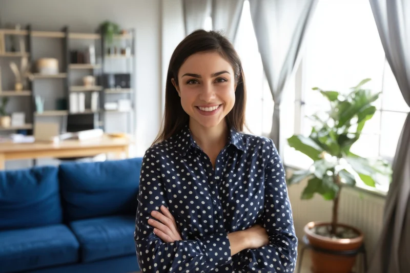 Smiling woman with arms crossed in a home office setting