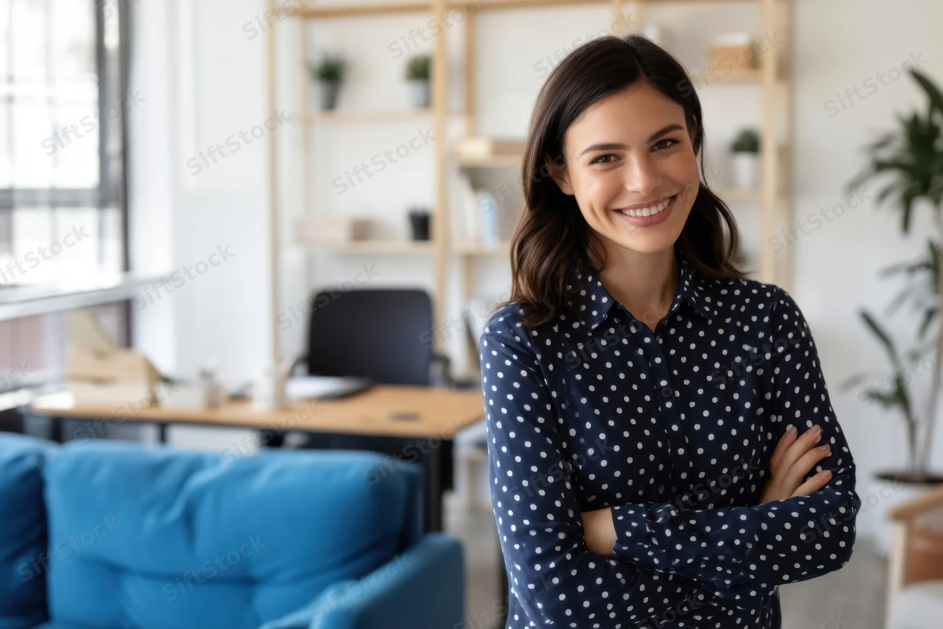 Smiling woman with arms crossed in a modern office space
