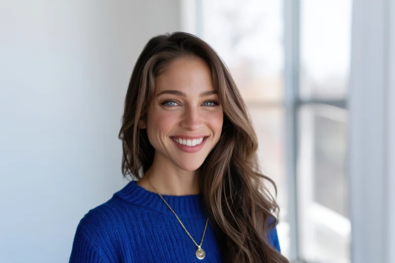Smiling woman with long brown hair wearing a blue sweater indoors near a window