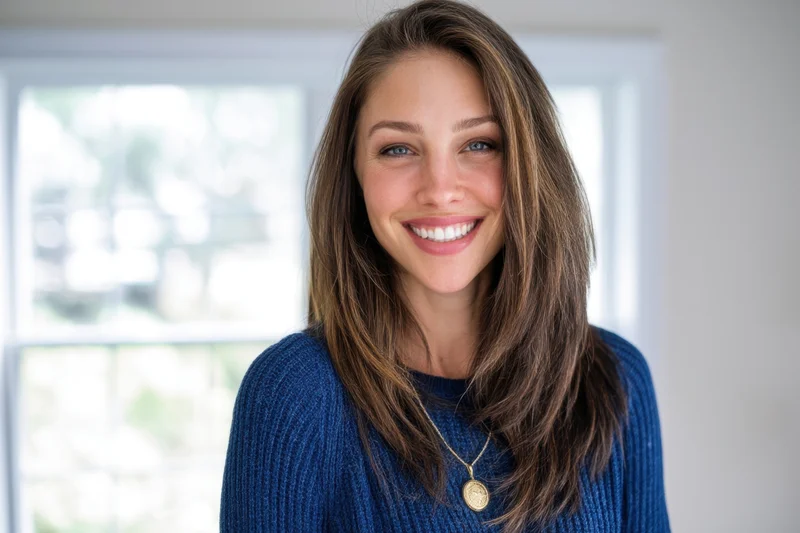 Smiling woman in blue sweater with long brown hair indoors near window