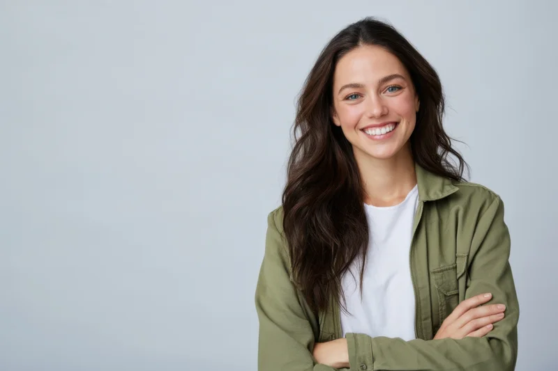 Smiling woman with long wavy dark brown hair wearing olive jacket and white tshirt, arms crossed, in studio setting with neutral background and copyspace