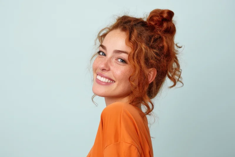 Smiling woman with red curly hair in messy bun wearing orange shirt, side profile against light background