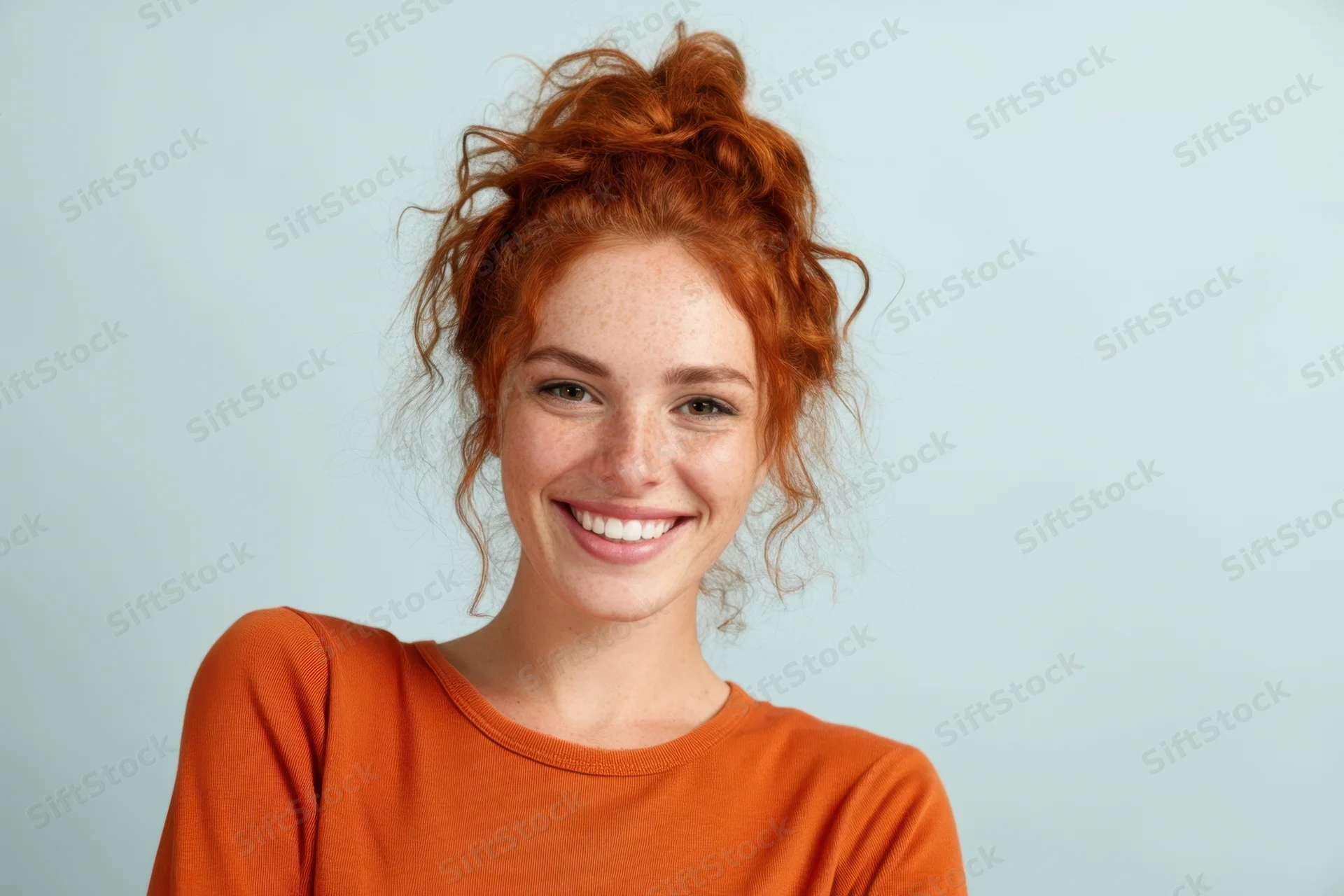 Smiling woman with red curly hair in messy bun wearing orange sweater against light blue background