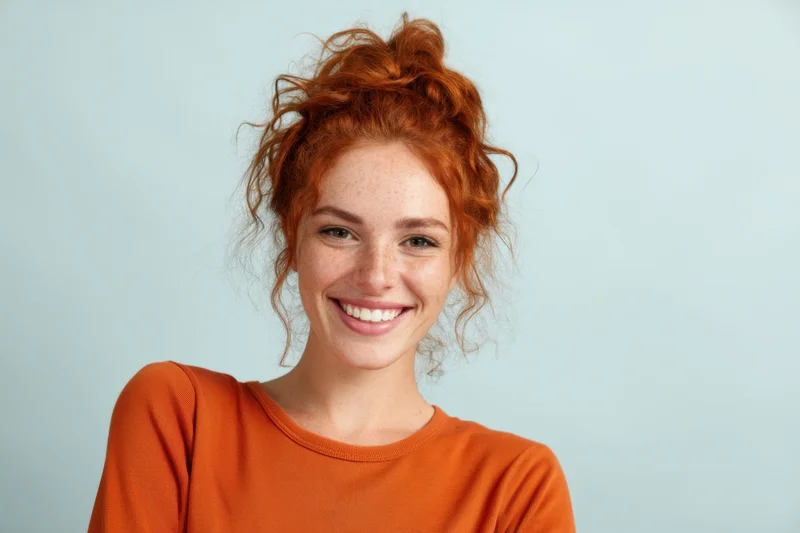 Smiling woman with red curly hair in messy bun wearing orange sweater against light blue background