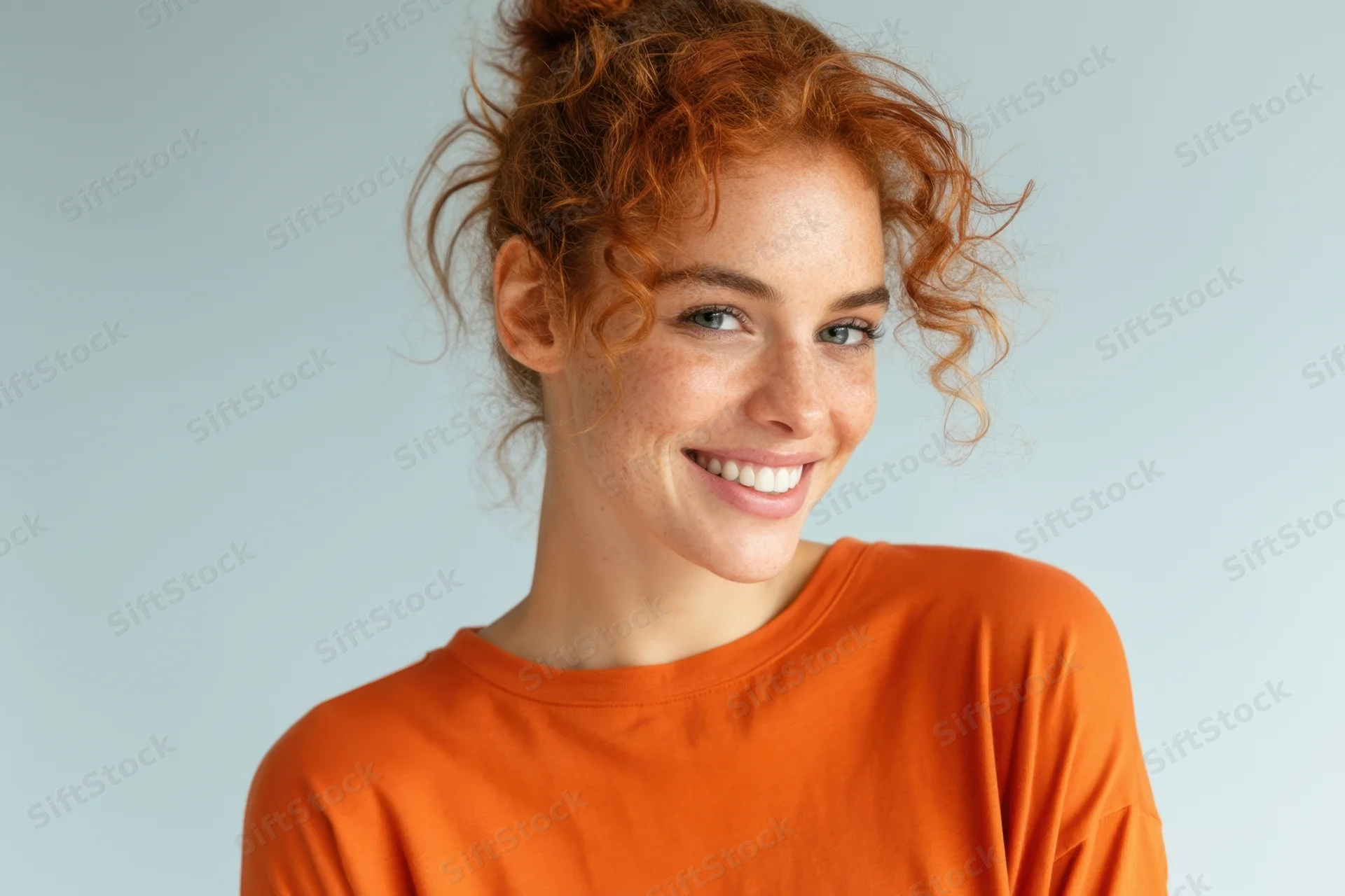 Smiling woman with red curly hair in messy bun wearing orange shirt against light background