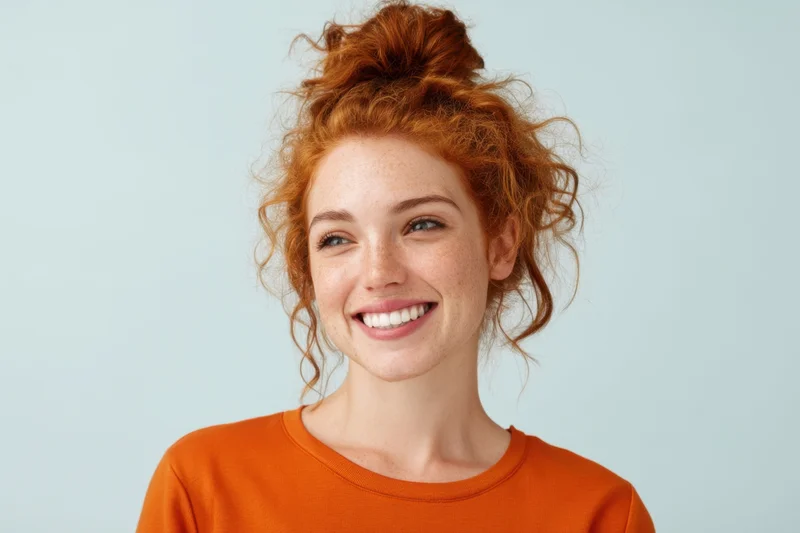 Smiling woman with red curly hair in messy bun wearing orange shirt against light blue background