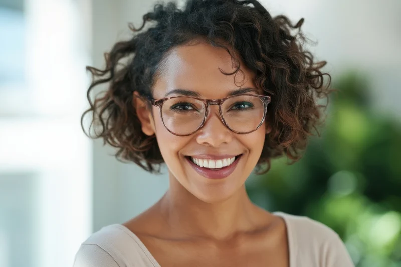 Smiling woman with short curly hair and glasses indoors near a window