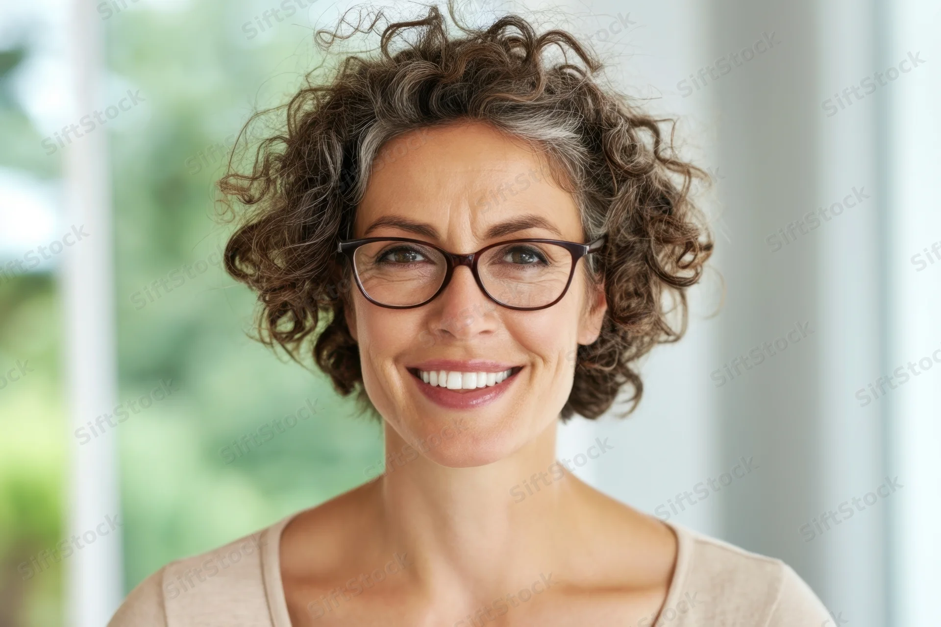 Smiling woman with short curly hair and glasses in a bright office interior