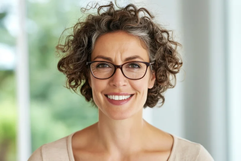Smiling woman with short curly hair and glasses in a bright office interior