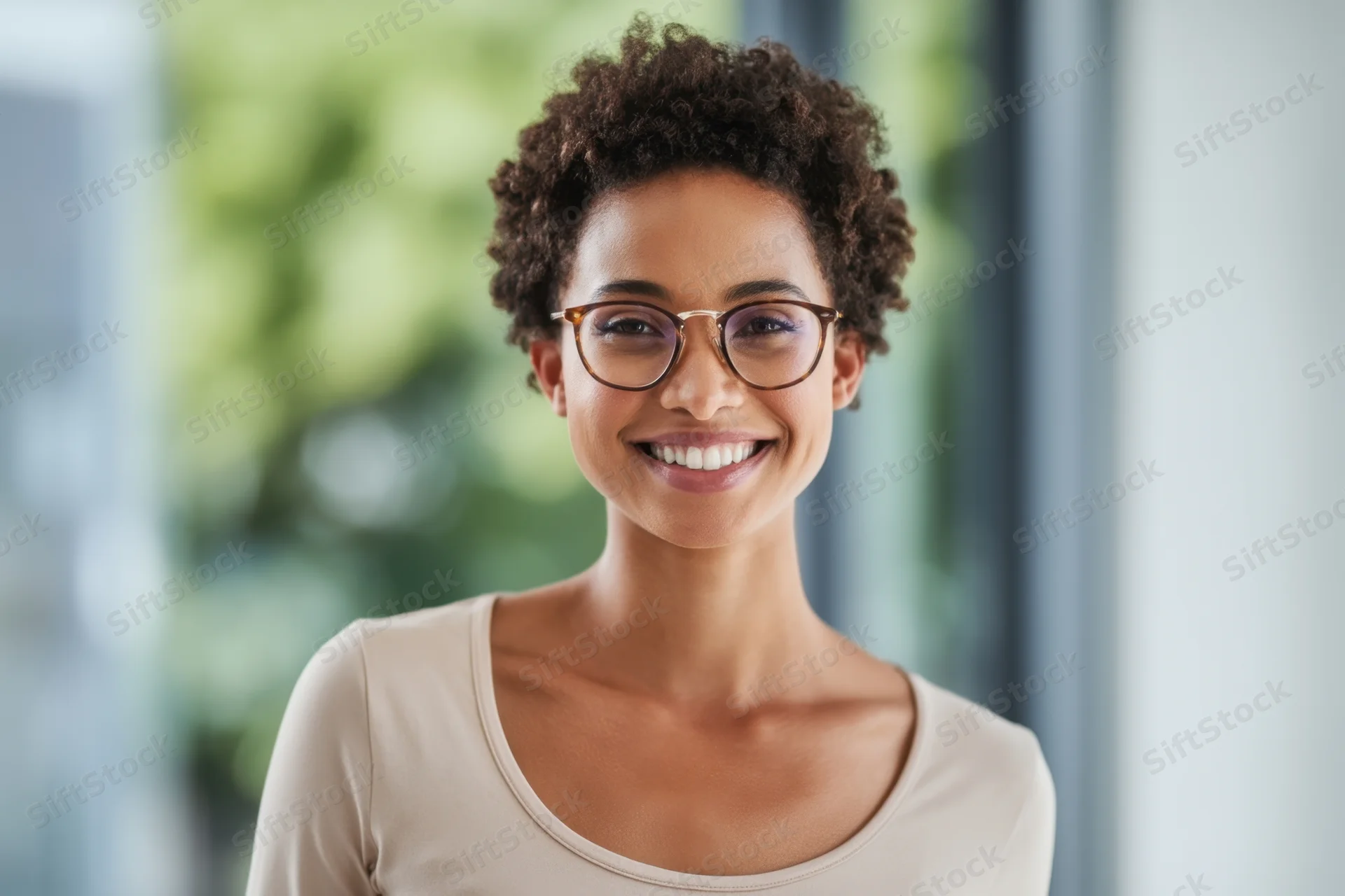 Smiling woman with short curly hair and glasses in an office setting