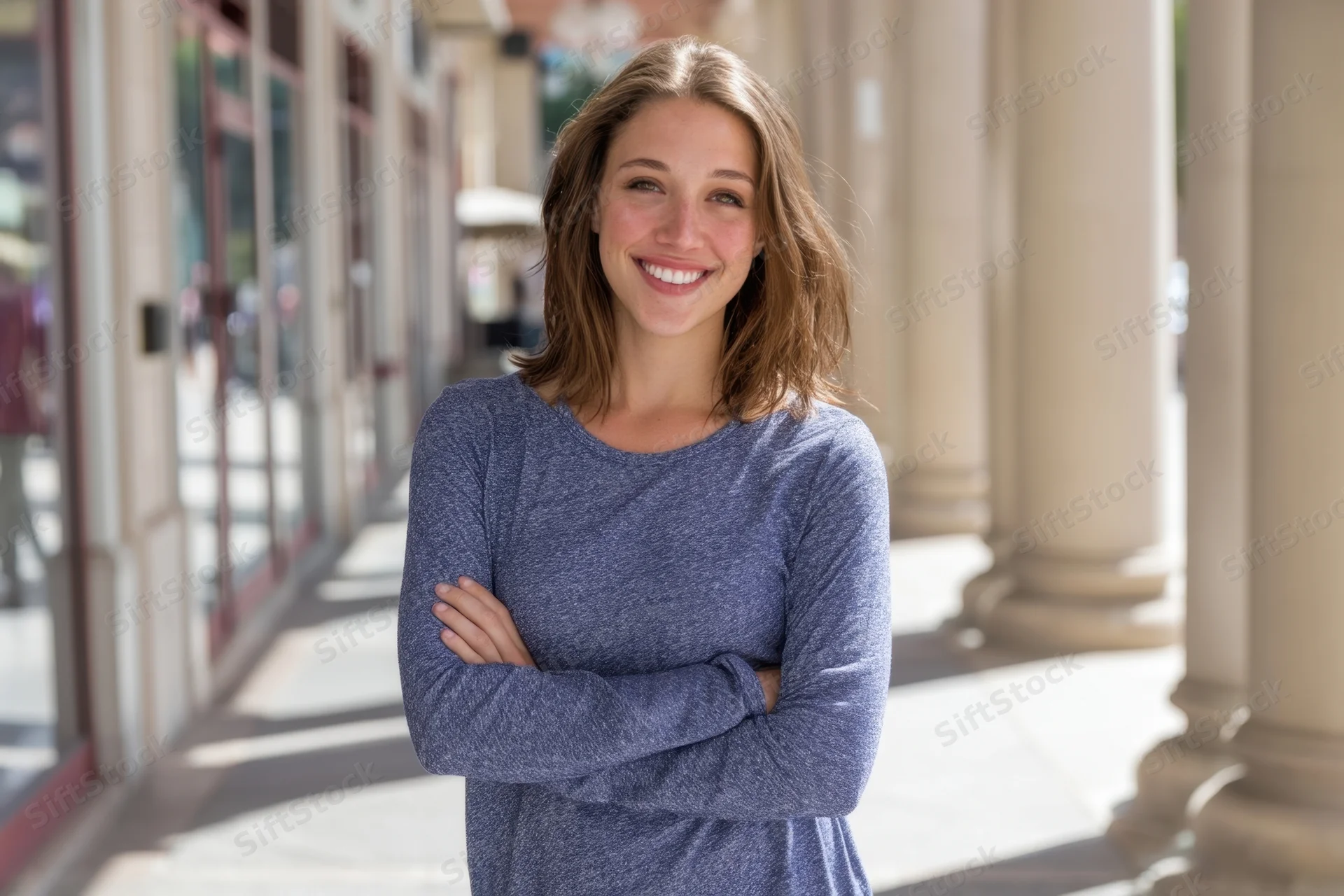 Smiling woman with arms crossed standing on a city sidewalk beside storefronts and columns