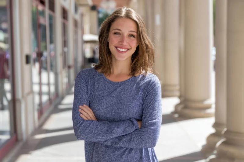 Smiling woman with arms crossed standing on a city sidewalk beside storefronts and columns