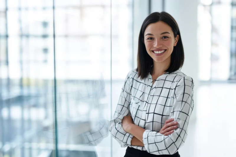 Smiling woman with arms crossed standing in modern office near glass window